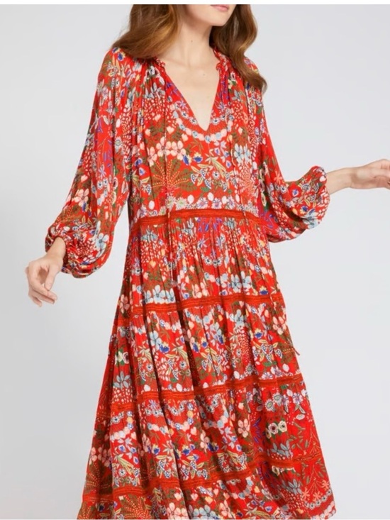 Alice + Olivia Dresses & Skirts - Alice + Olivia Layla Tiered Ruffle Midi Dress Red Floral Boho Coastal Large